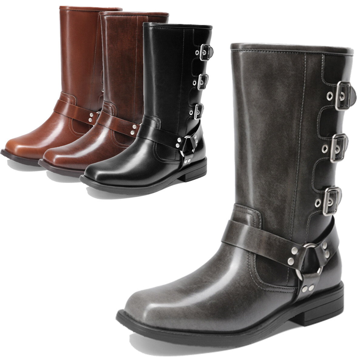 Kids Girls Boots Knee High Motorcycle Booties Square Toe Riding Biker Boots