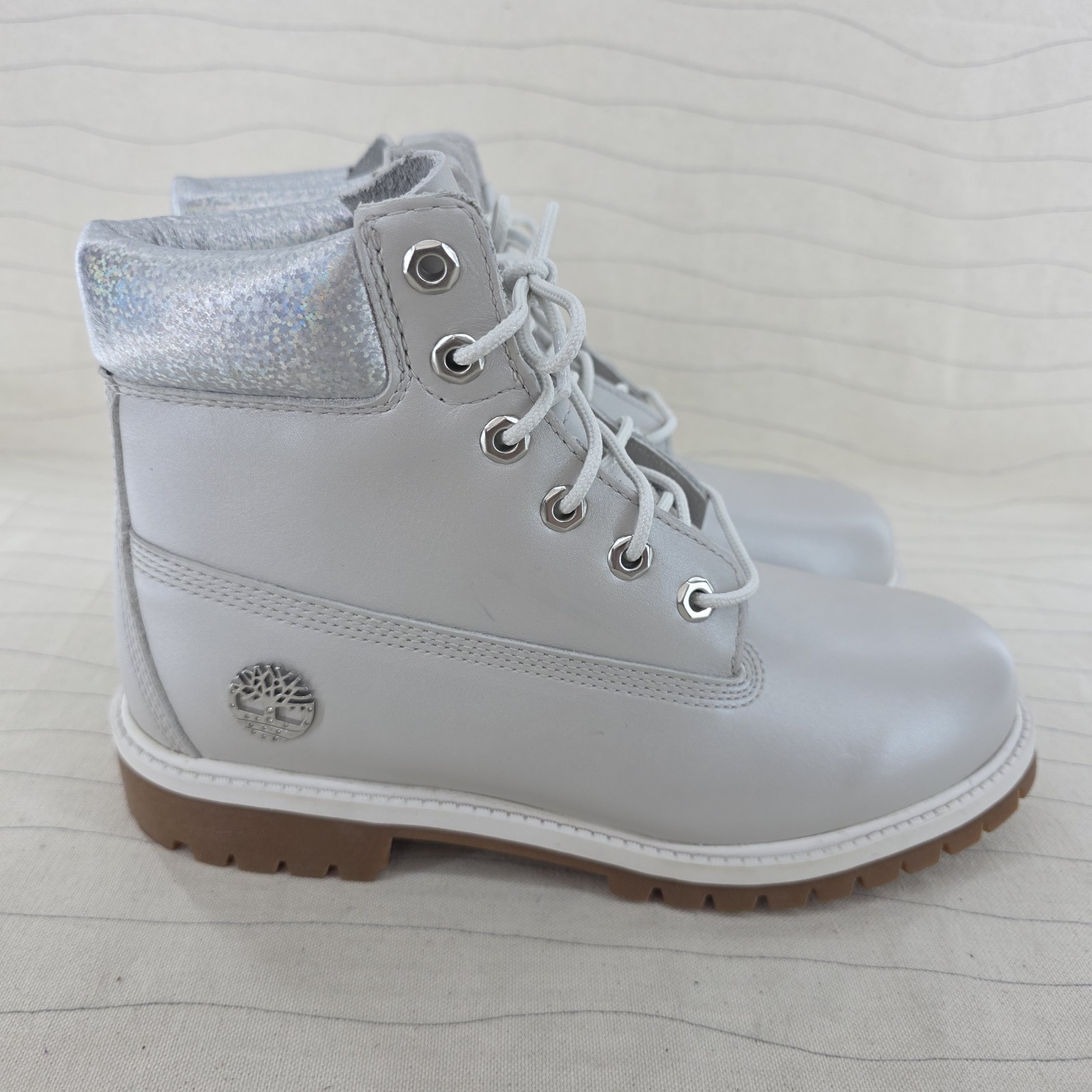 Timberland Girls Boots ReBOTL Metallic Gray Collar 6 Inch Leather A5SUW Sz 6 EUC