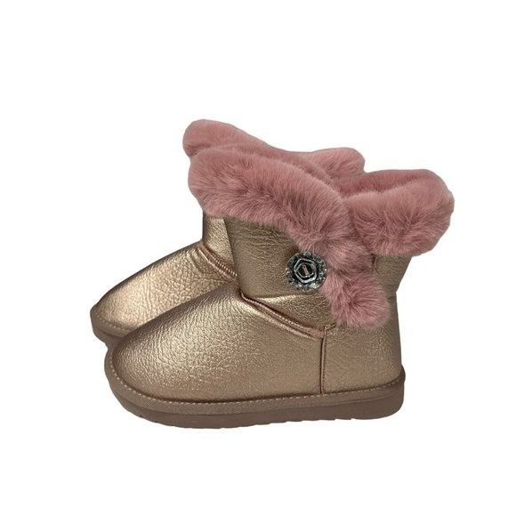 APAWWA Girls Boots Fur Lined Slip-On Warm Girls Pink Snow Boots 2.5