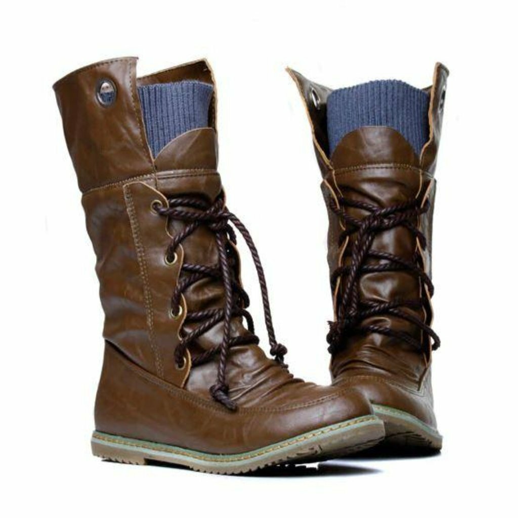Fashion Vintage Lace up Women Motorcycle Boots DarkBrown US 9, LightBrown US 8.