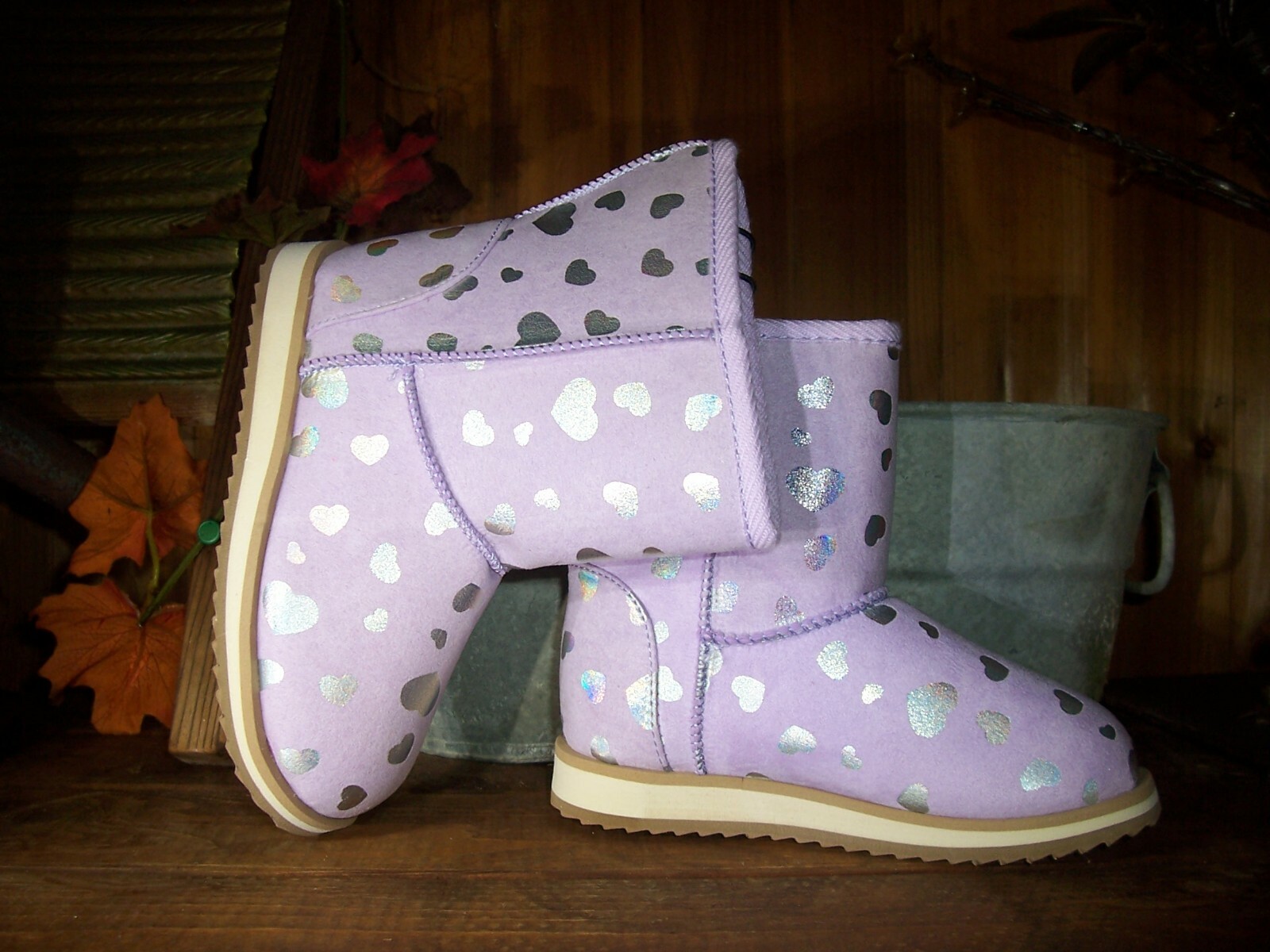 WONDER NATION GIRLS HEART DESIGN BOOTS SHOES SIZE 10 PURPLE FUR LINING CASUAL NE