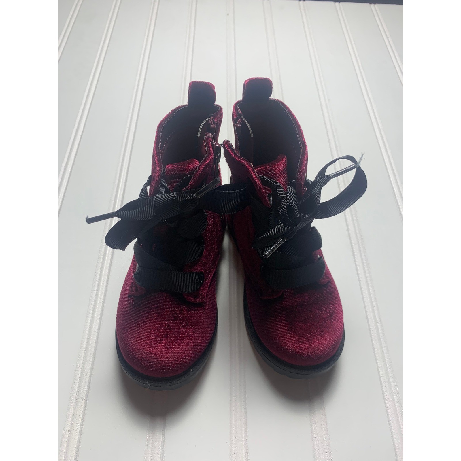 Cat & Jack Velvet Lace Up Zipper Boots Burgundy Red Black Ribbons Girls size 6