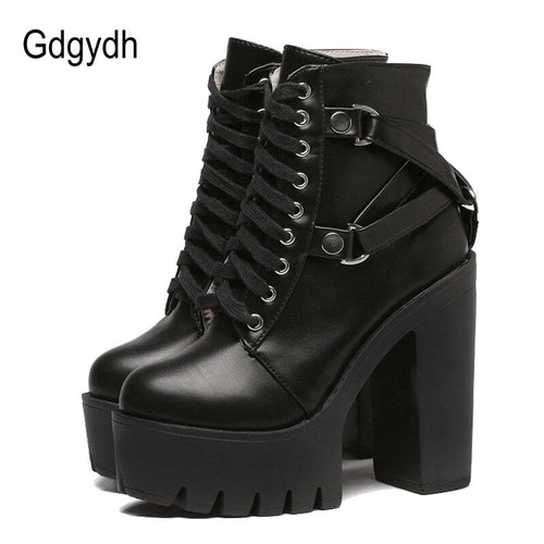 Women Gothic Black Boots Lace-up Soft Platform Ankle High Heels Punk