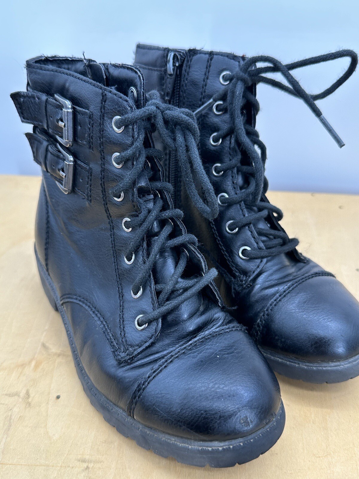 Wonder Nation Girls Boots Black Size 1Y Combat Lace Up Mid Calf Winter