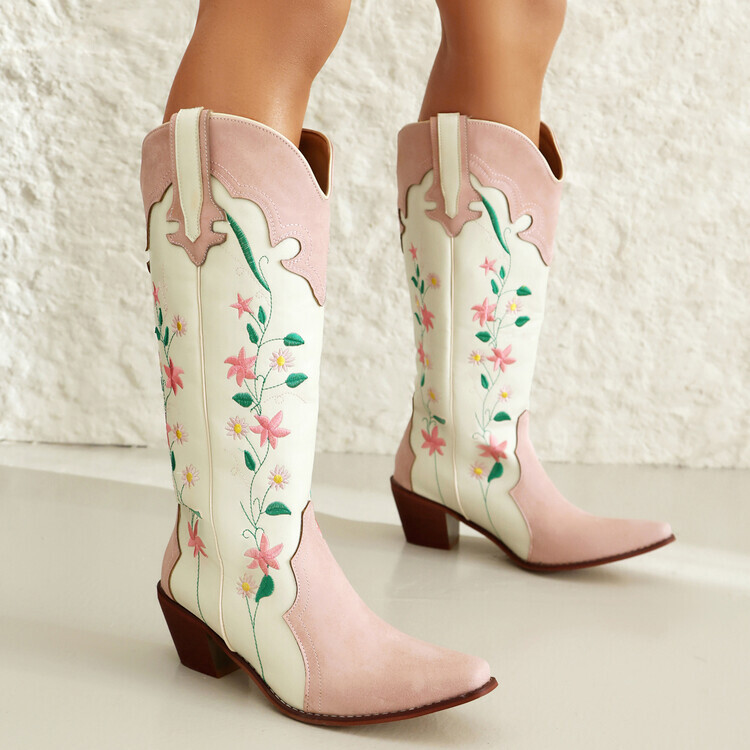 35-48 Women Boots Flower Embroidery Western Boots Pull on Knee High Boots Shoes