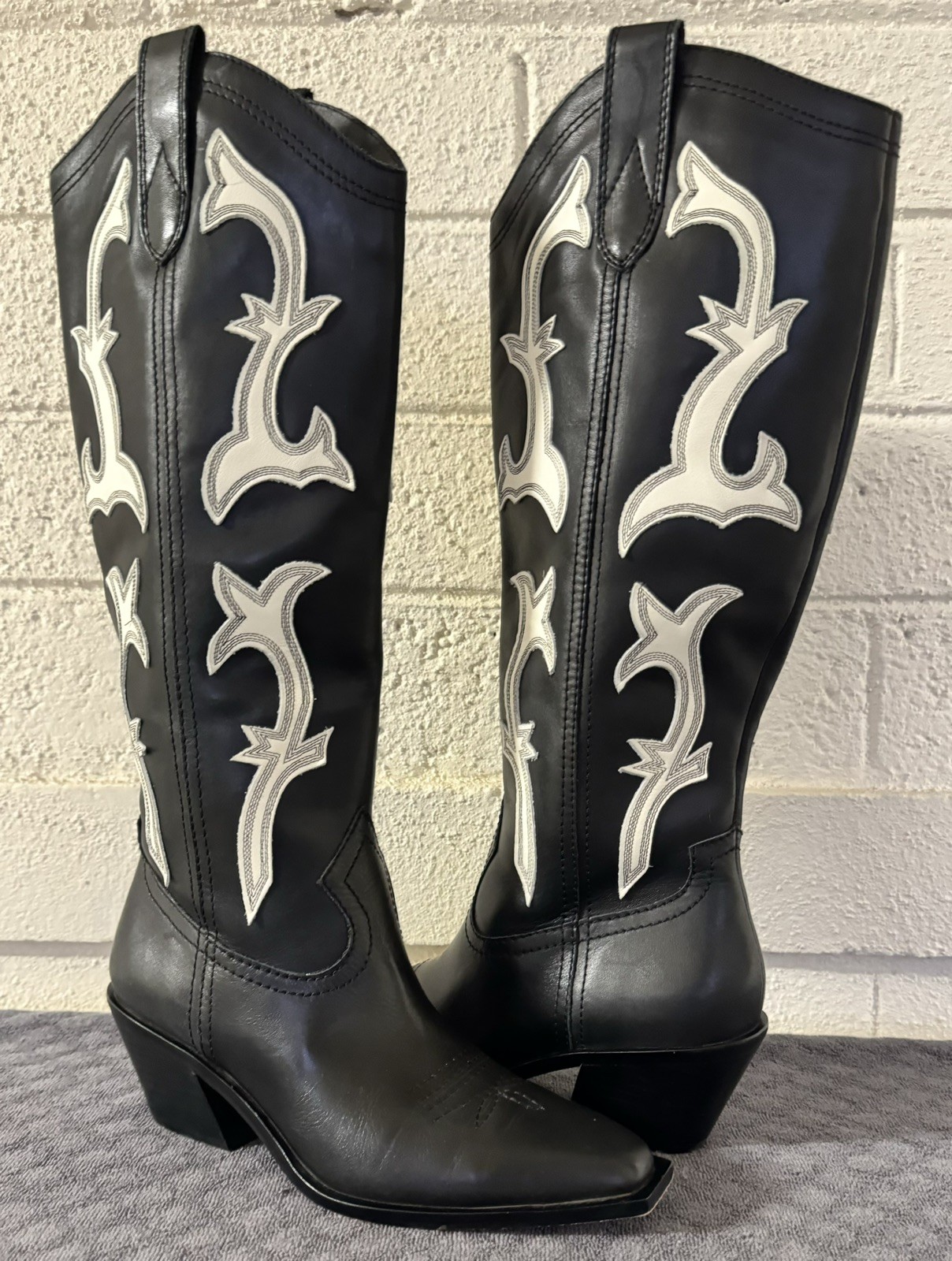 NEW DOLCE VITA SAMARE WESTERN WOMEN BOOTS IN BLACK/WHITE LEATHER SIZE 6.5