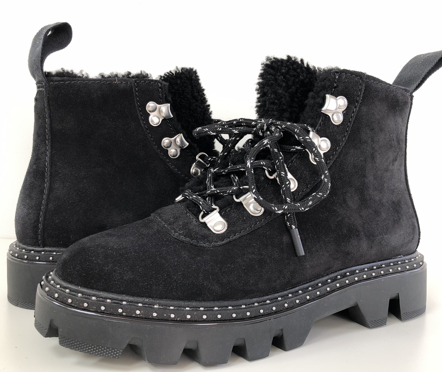 Rag & Bone Women Boots Studded 36.5 Quest Shearling Hiker Studs Suede Black New