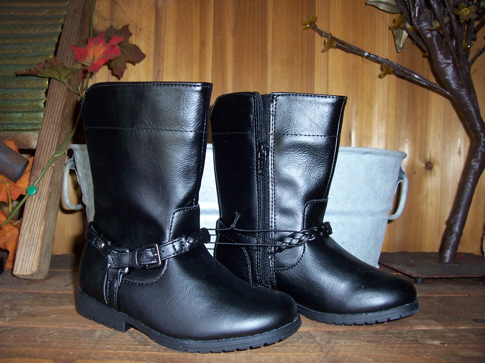 FADED GLORY GIRL TODDLER CASUAL DRESS BOOTS SIZE 9 ZIPPER SIDE BLACK BUCKLE NEW