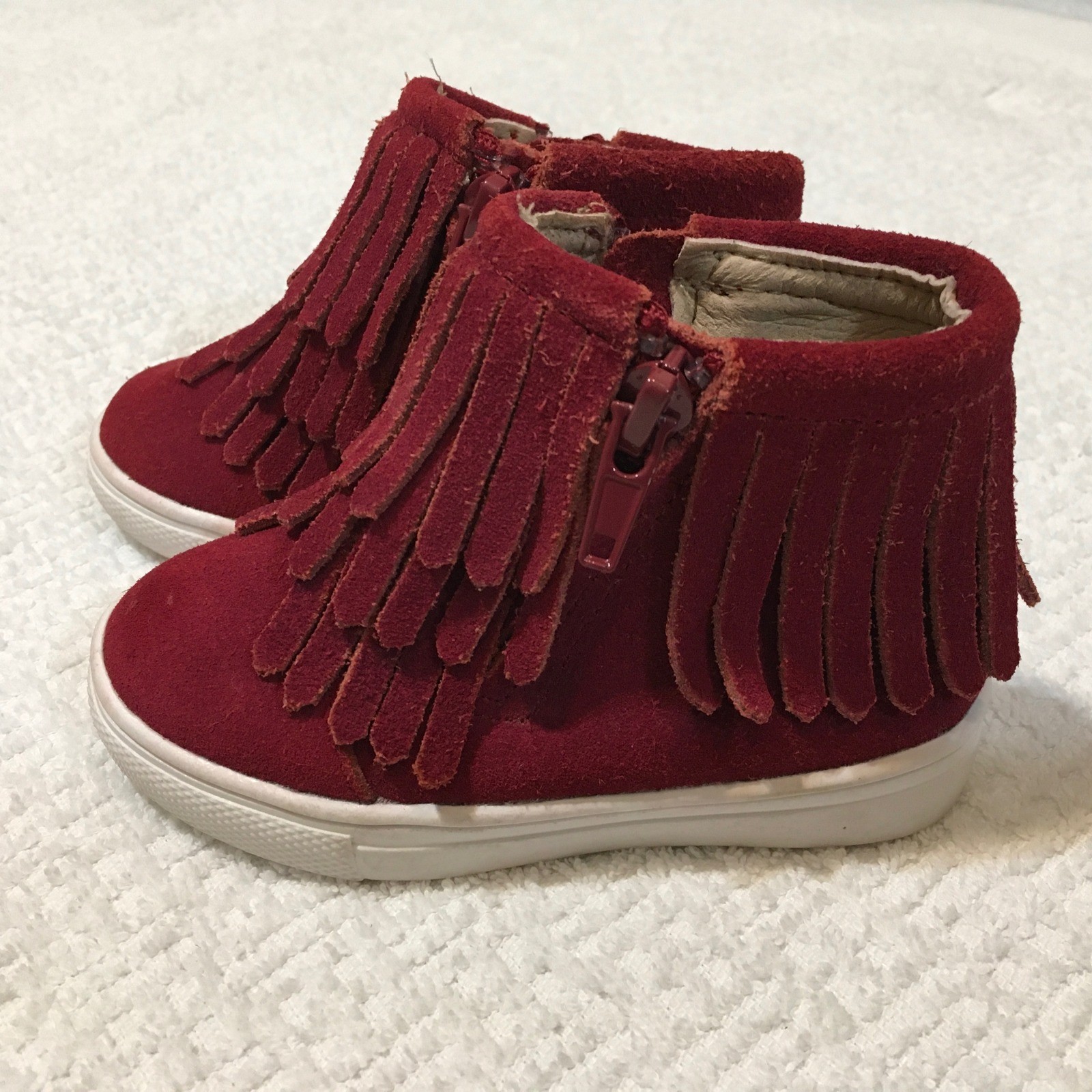 Texas Moccs Toddler Girls Red Suede Fringe Moccasins Boots Zipper Closure Size 5