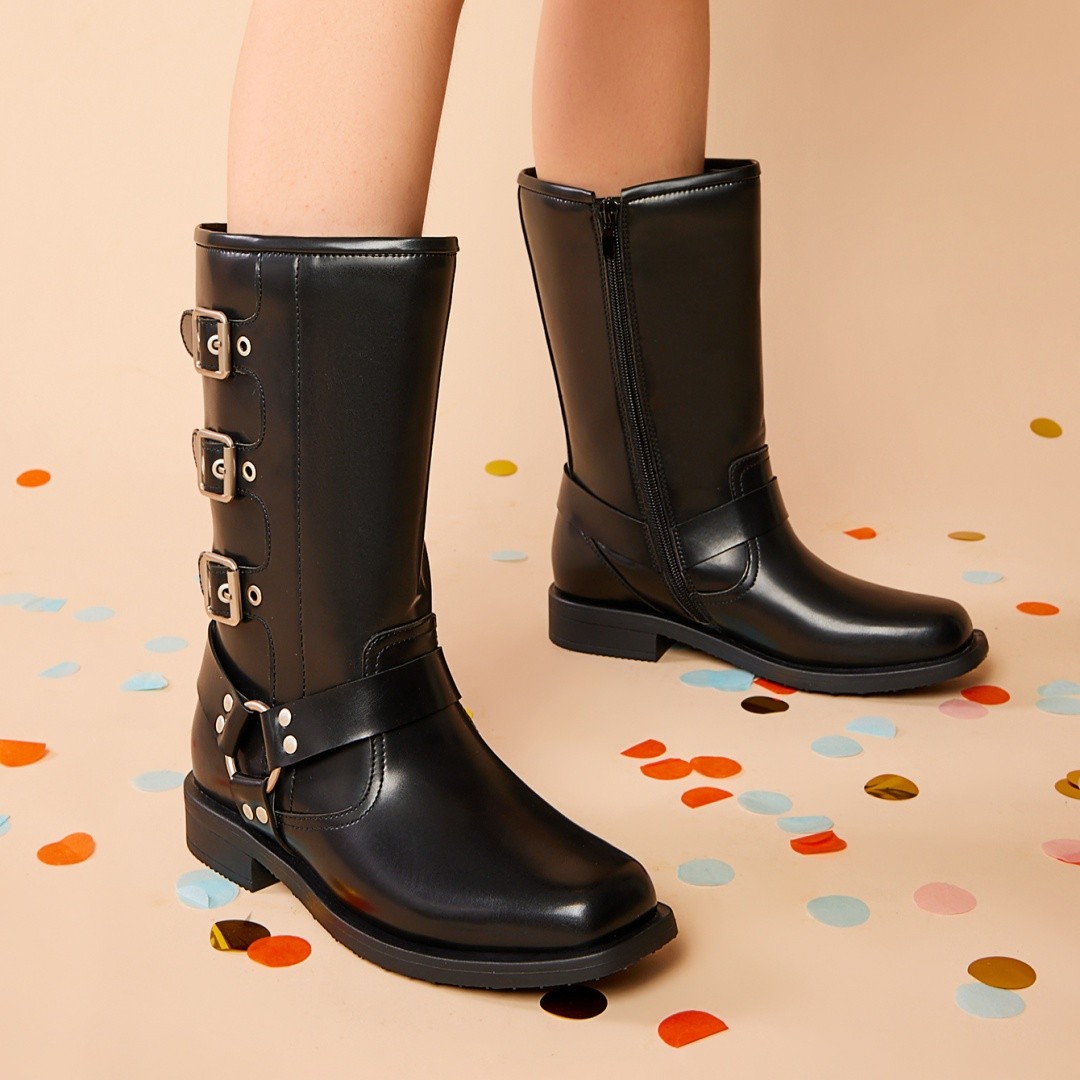 Kids Girls Boots Knee High Motorcycle Booties Square Toe Cool Riding Biker Boots