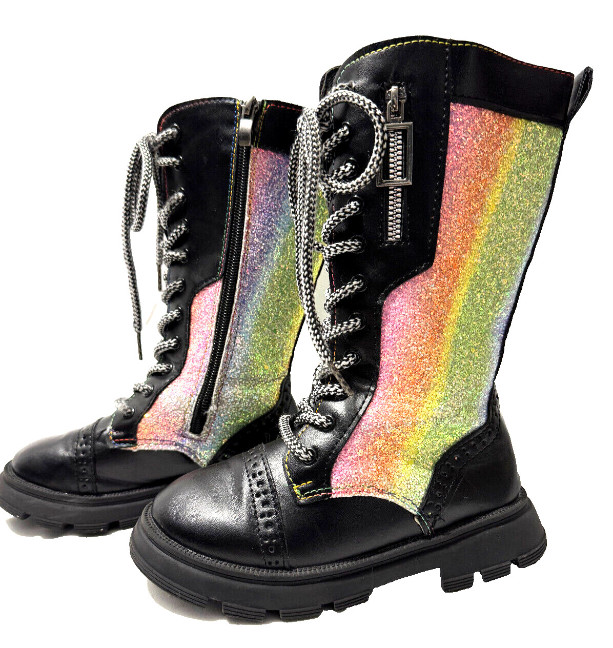 Girls Boots Calf Height Size 13.5 Rainbow Sparkles Glitter Zipper Laces