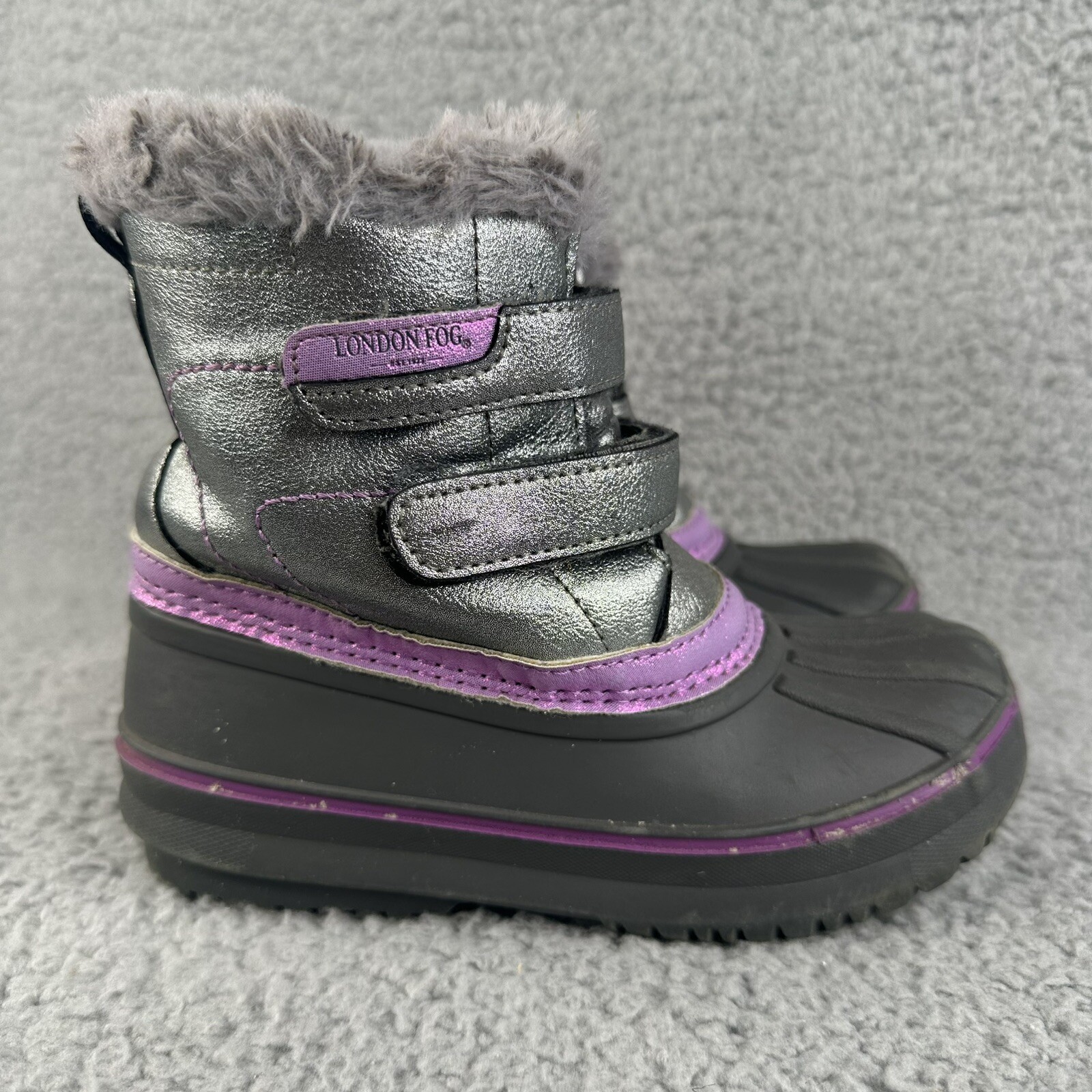 London Fog Girls Boots Black Silver Purple Faux Fur Waterproof Snow Boots Sz 12