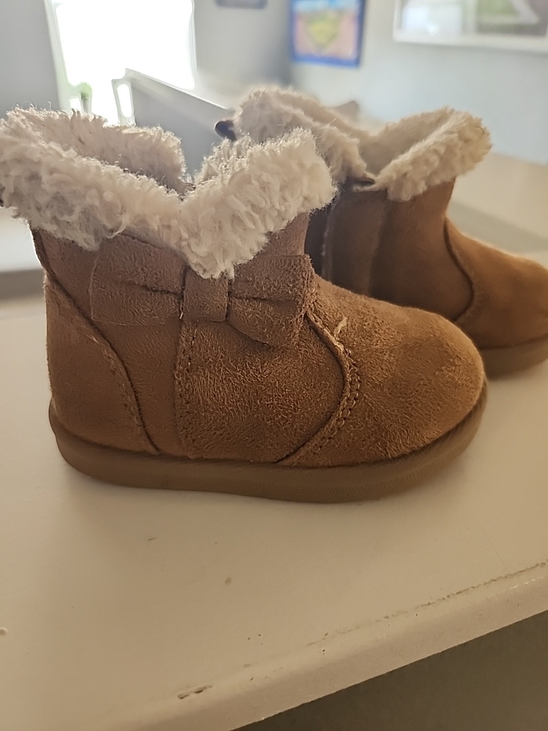 Wonder Nation Baby Toddler Girls Boots Size 3 Brown Faux Suede Fur Lined Bows