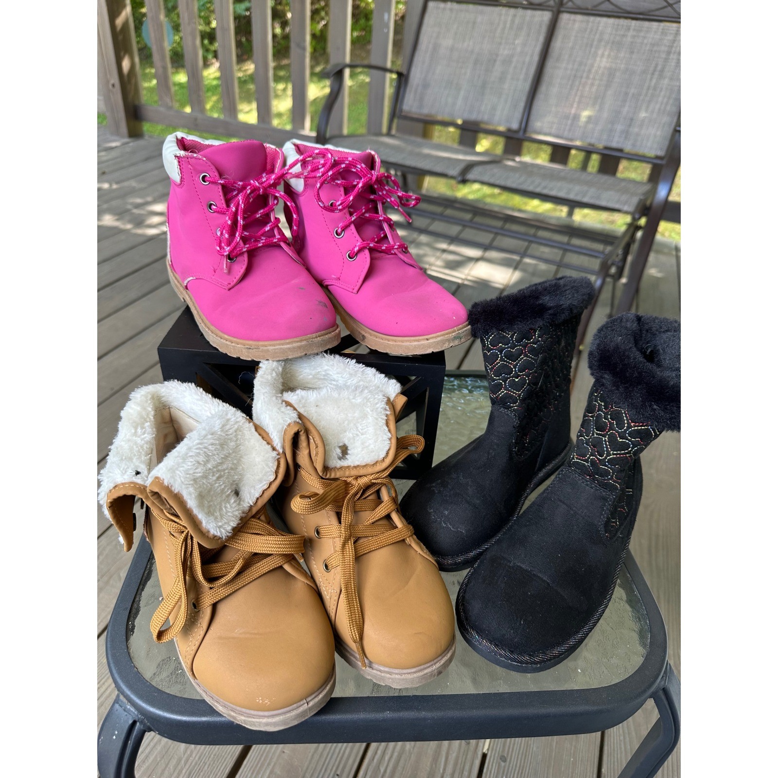 Girls Boot Bundle Sz 1 Faux Fur Boot Work Boots Pink Beige Black Hearts Winter