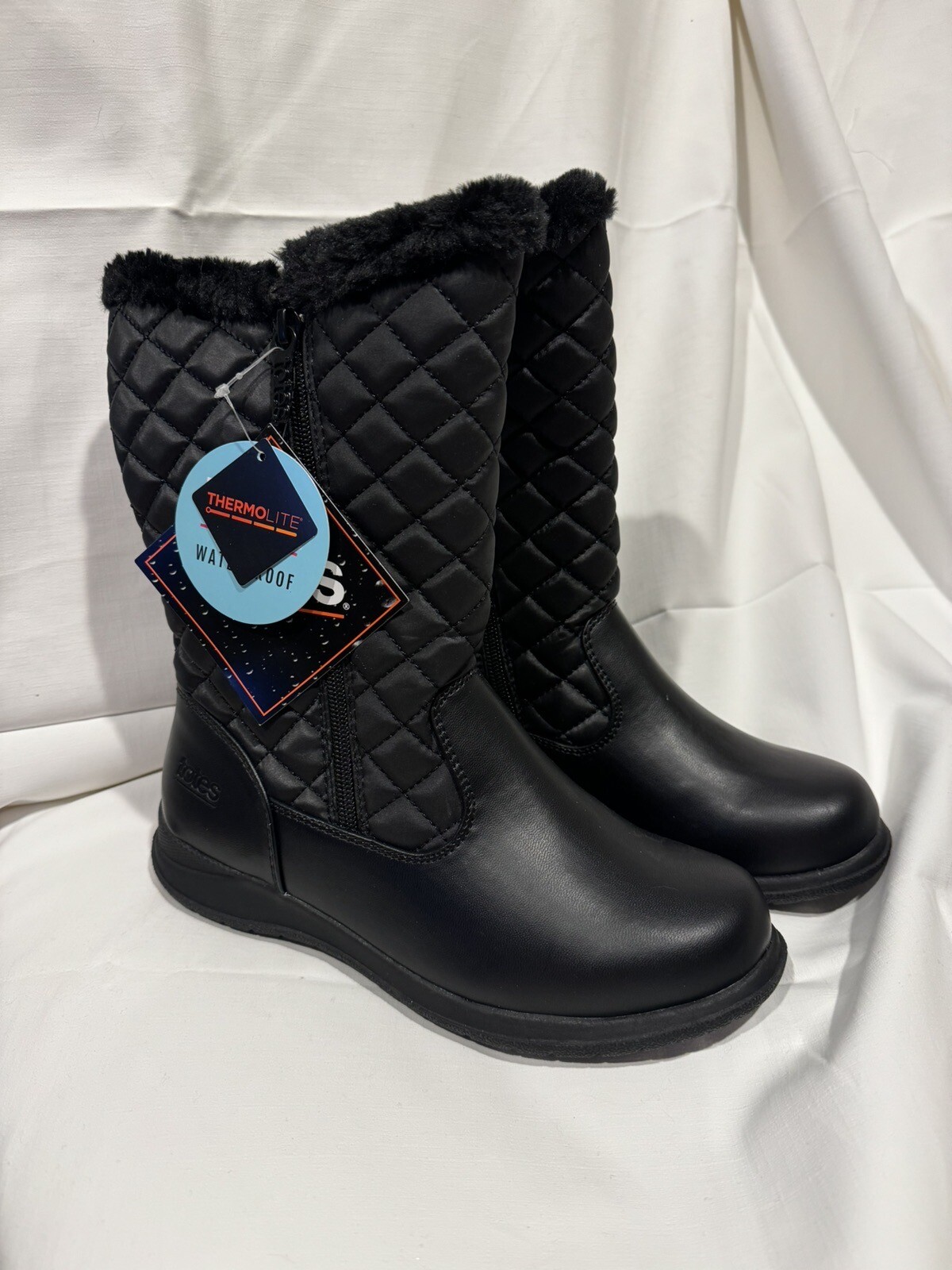 New TOTES Jade Black Women Waterproof Double Zip Winter Snow Boots Fur Lined Sz6