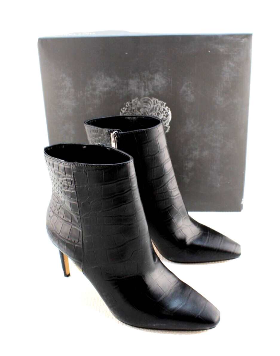 New VINCE CAMUTO Allost Size 7 M Black Croco Shine Leather Women Boots MSRP $148
