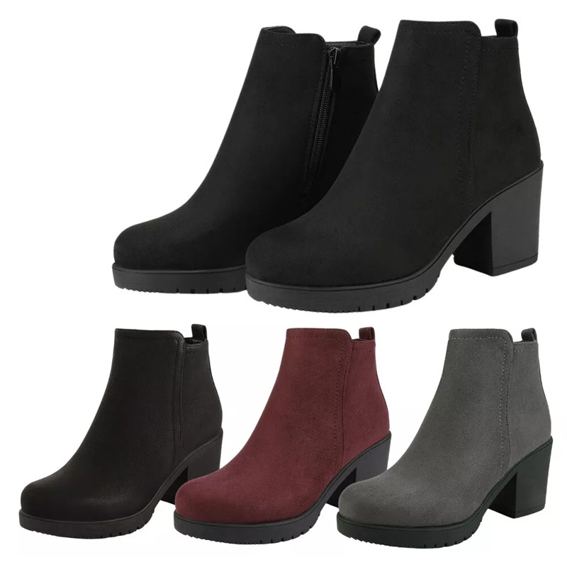 Women Winter Boots Chunky Block Heel Zip Up Round Toe Ankle Boots US