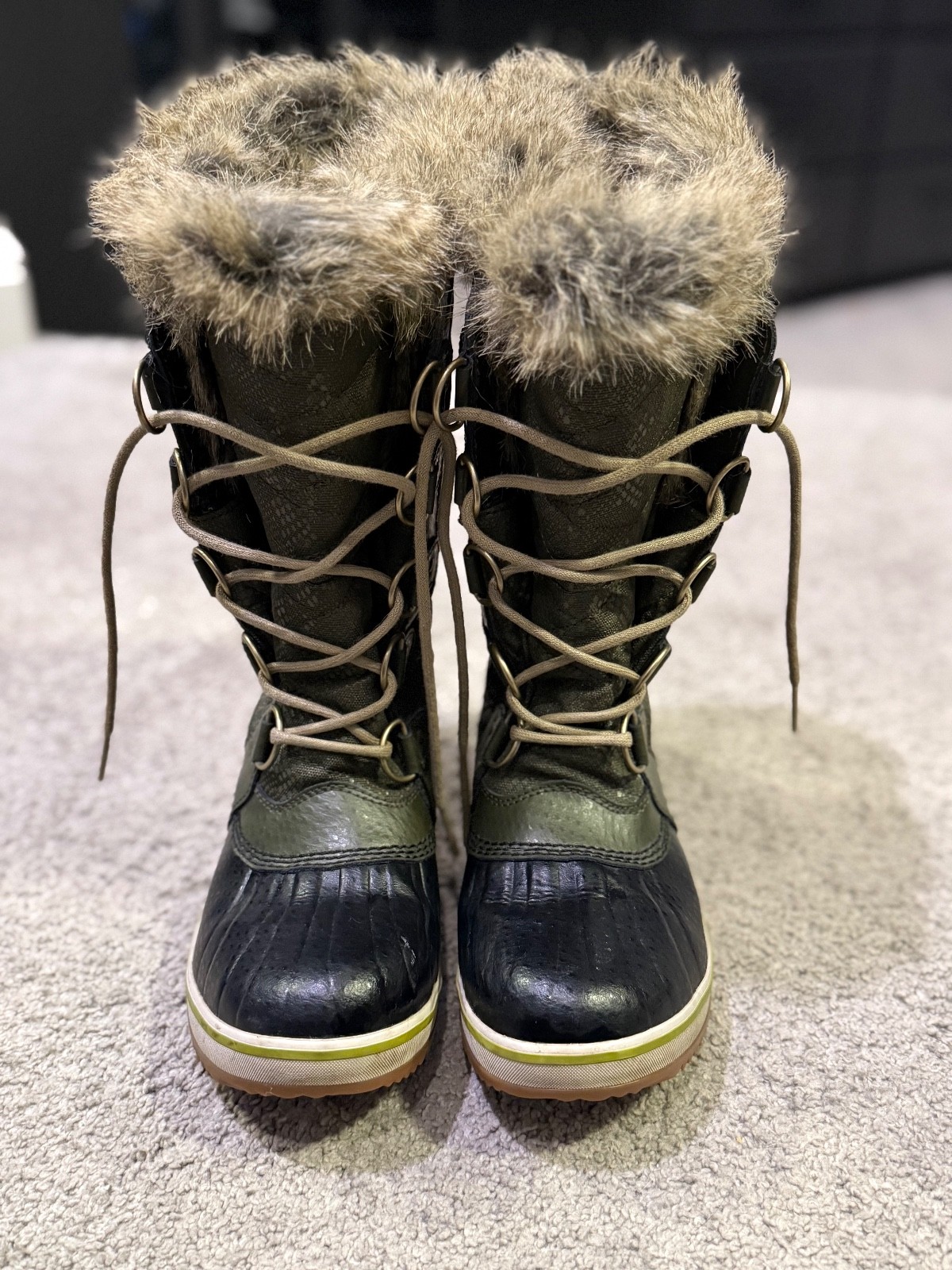 Sorel Women Winter Boots 6.5 Joan Of Arctic Green Suede Waterproof Fur Tall