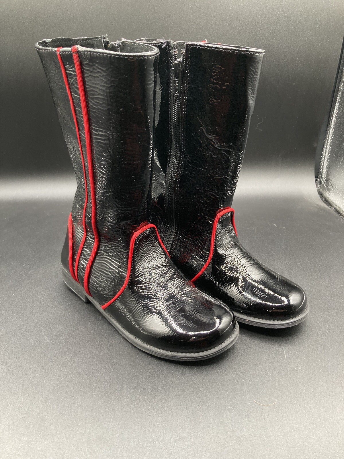 TWIG Girls Black/Red Leather Boots Black Zipper  US 11 1/2 (Toddler) EU29 NWOB