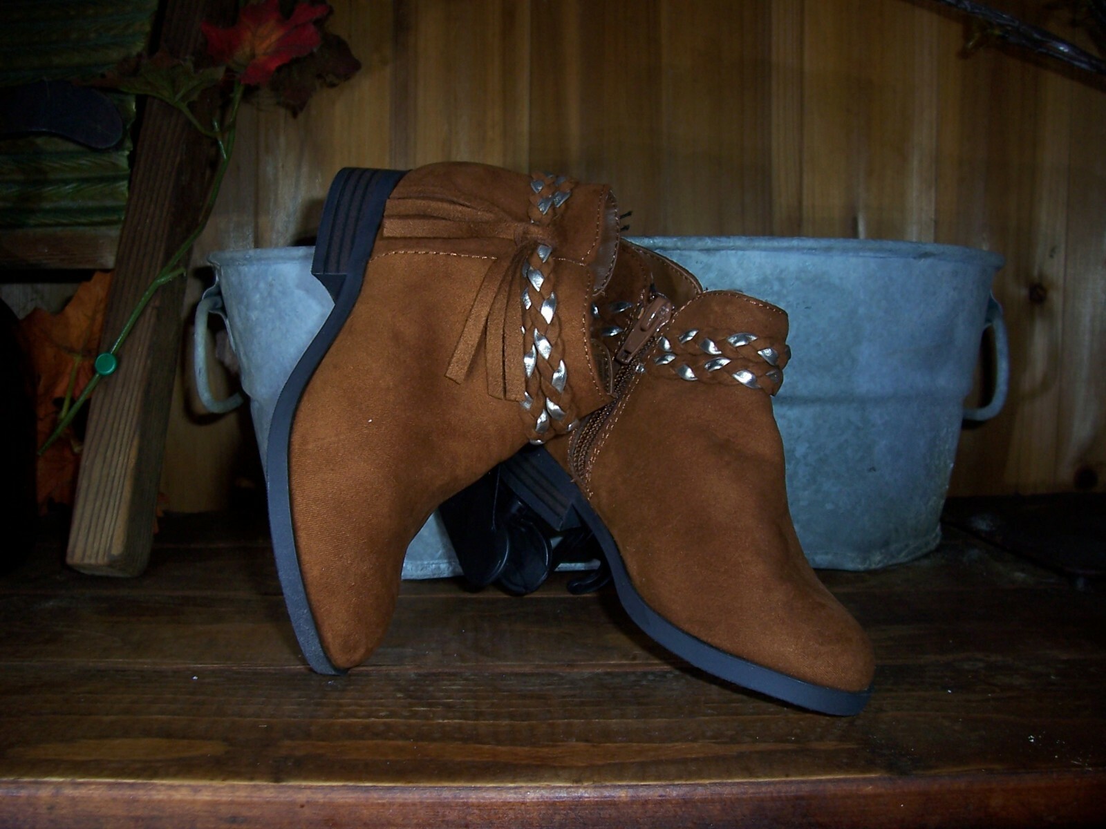 WONDER NATION GIRLS TODDLER ANKLE BOOTS SIZE 9 CHESTNUT SUEDE ZIPPER SIDE ROPE