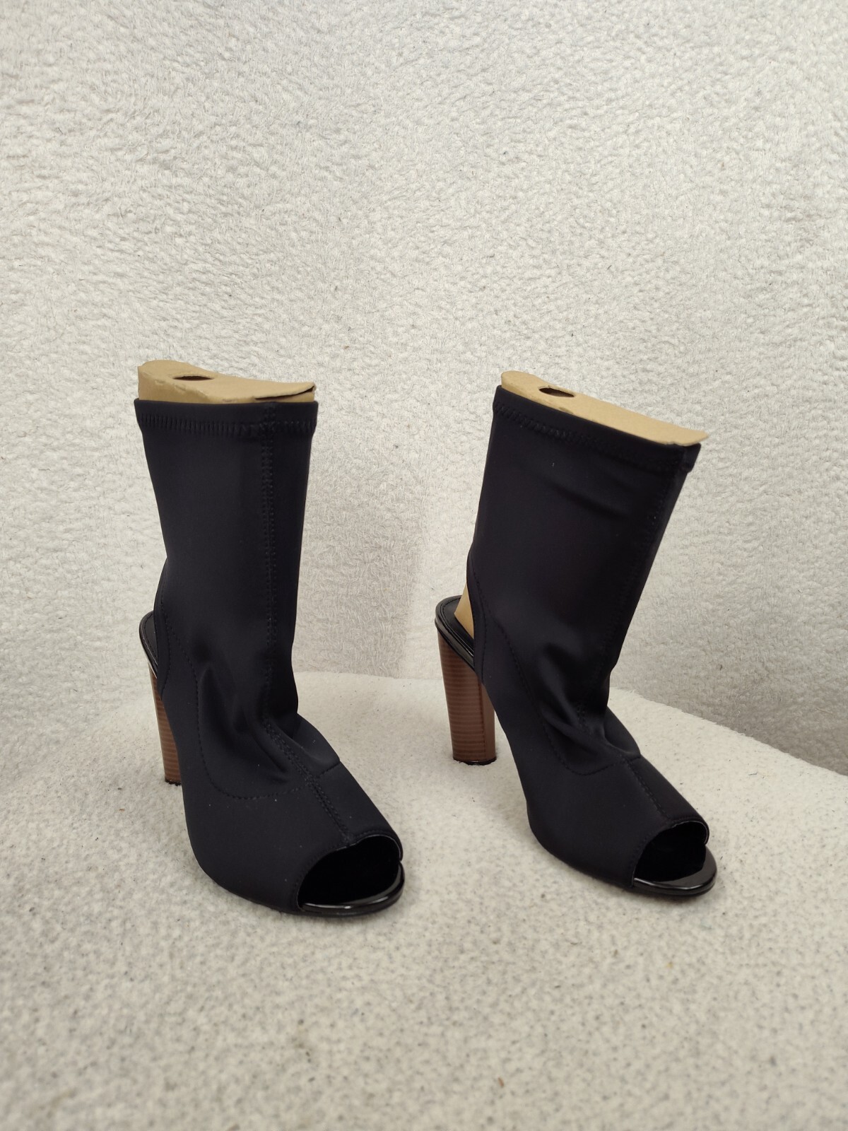 Cape Robbin Women Boots 9 Black Fabric Peep Toe Open Back Stacked Heel Bootie