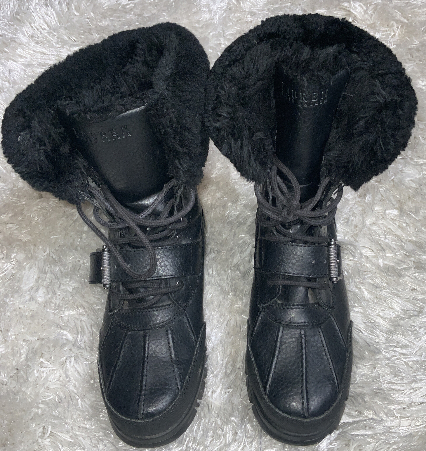 Ralph Lauren Women Winter Boots 6B Black Quinlan Leather Genuine Shearling Fur