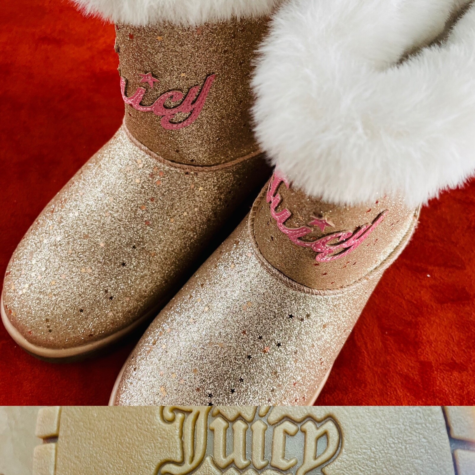 NWOT JUICY COUTURE Big Girls TEMECULA Gold LOGO Glitter Faux Shearling BOOTS 3M