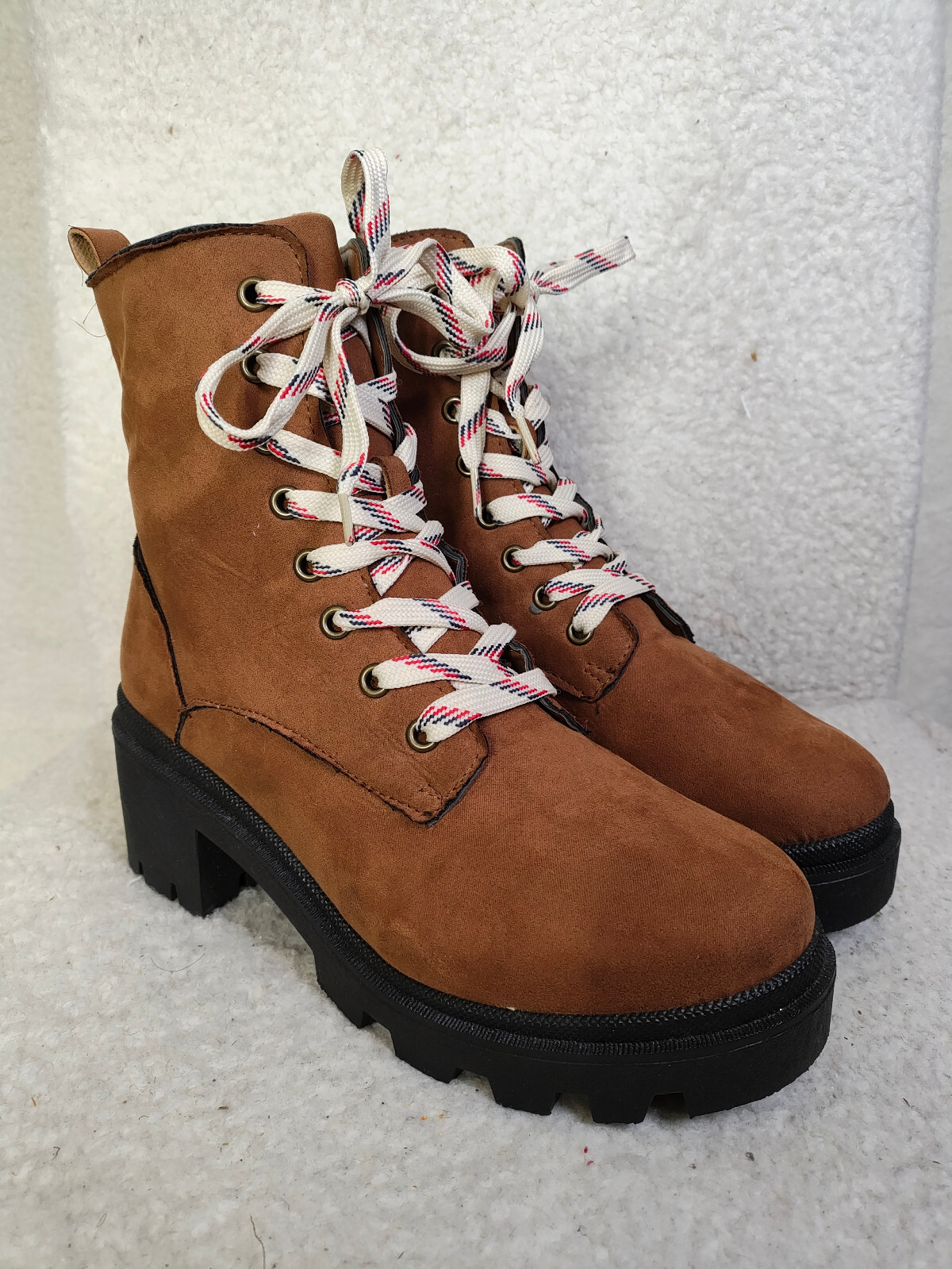 Rouge Helium Women Boots 7 1/2 Brown Suede Lace Up Mid Calf Lug Sole Shoes