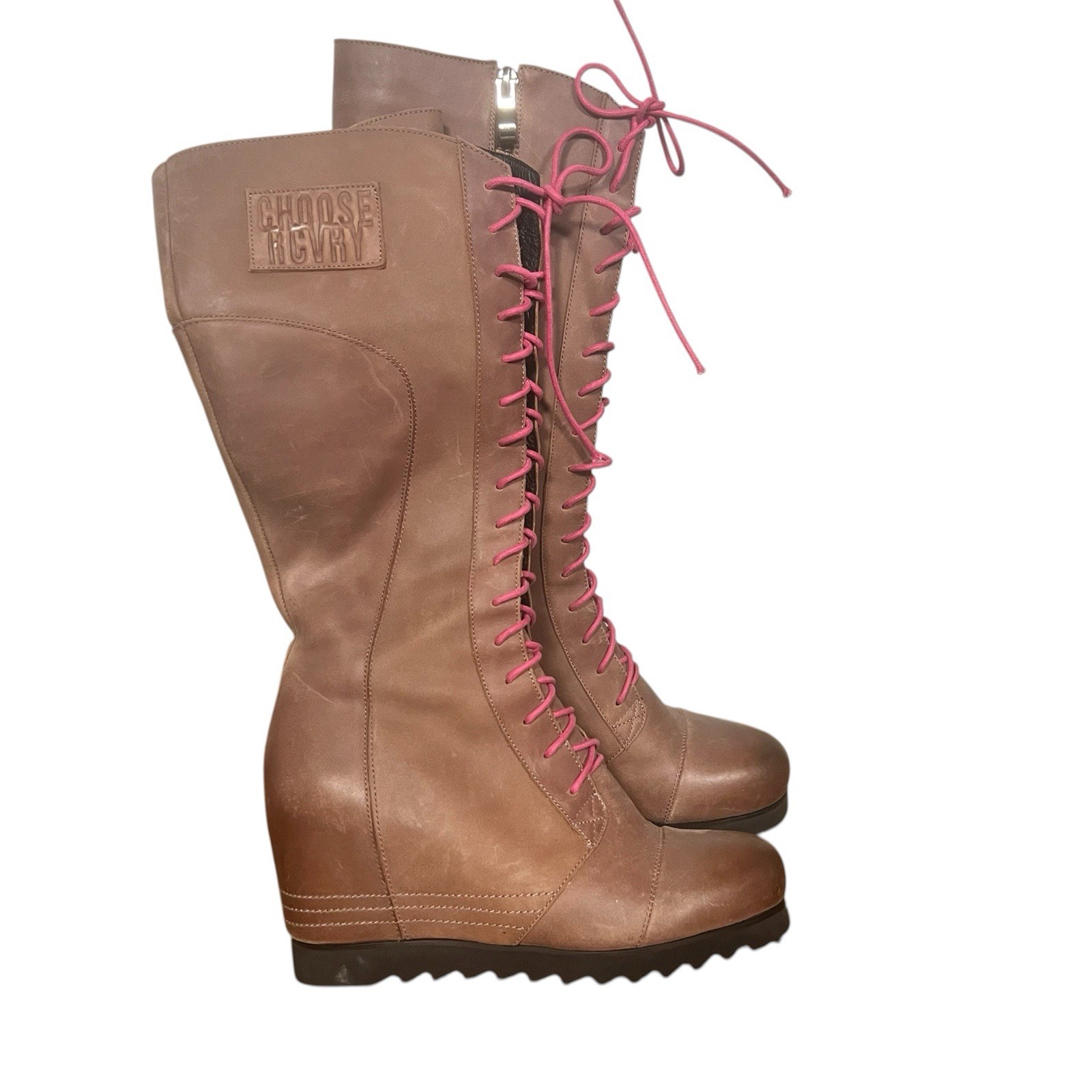 Brown leather lace-up wedge Women boots with pink laces Zipper Knee-High 6.5