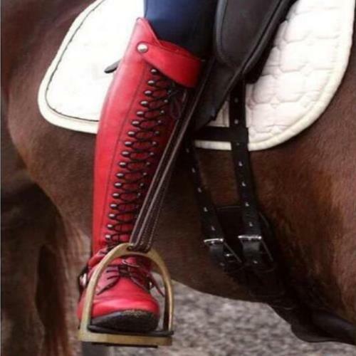 Hot Women Boots Knee High Stacked Heels Leather Tall Riding boots Lace Up Shoes