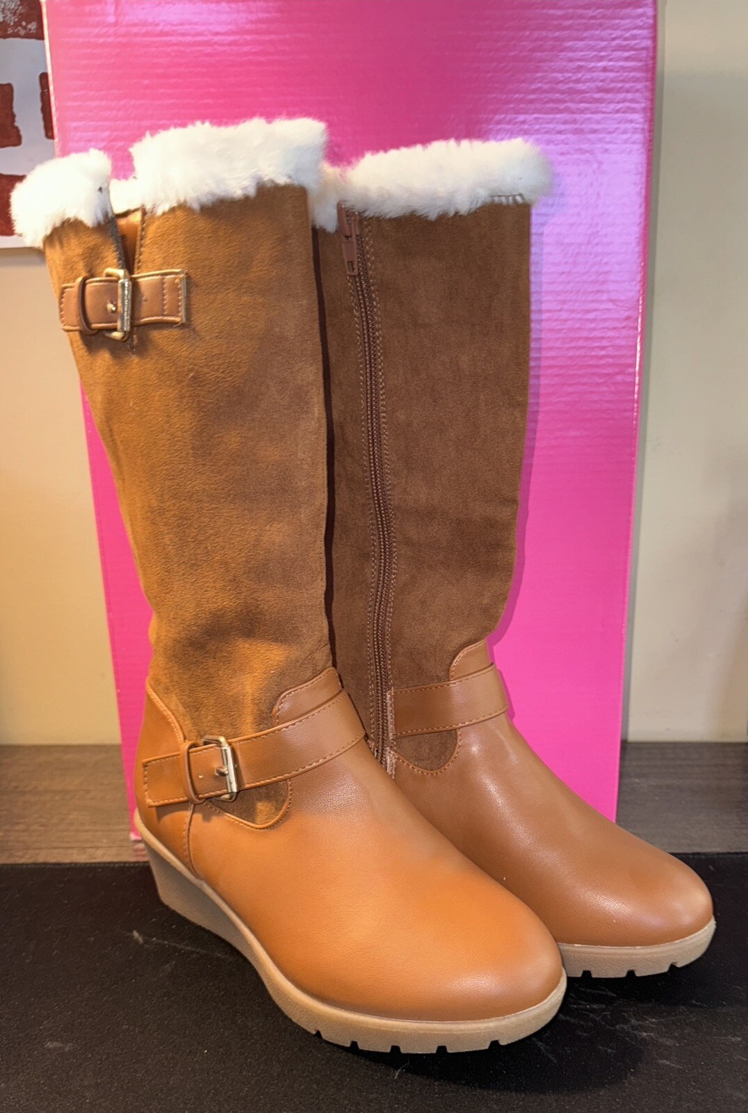 Rampage Girls Boots Size 3 M Chestnut Faux Suede  Faux Fur, Wedge