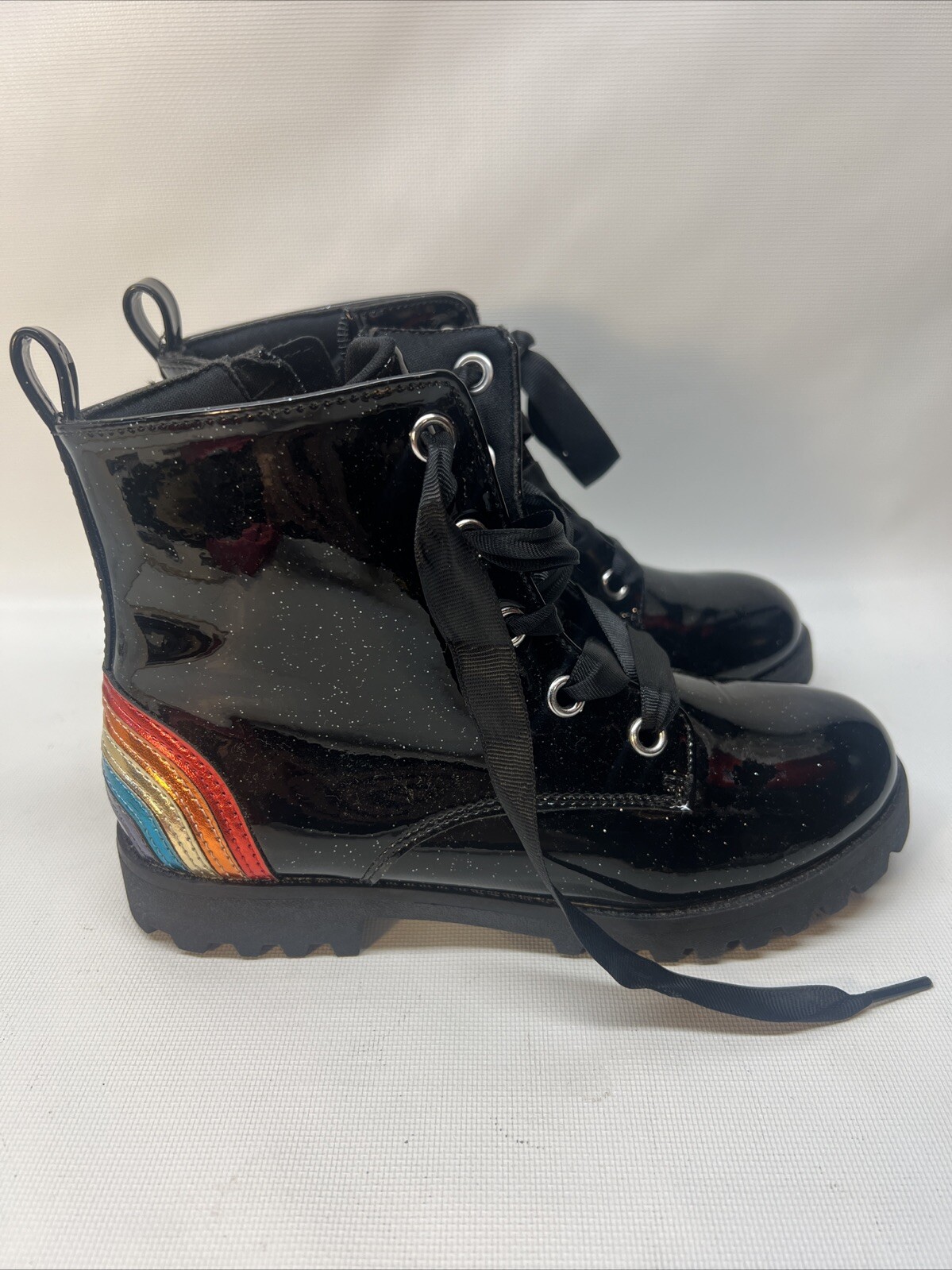 Self Esteem Size 3 Kid’s Girls Boots Rainbow Shoes Shiny Black High Top Glitter