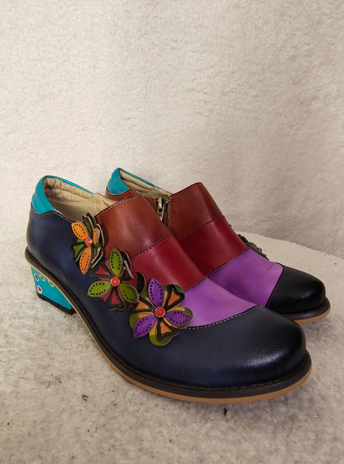 Fowt Women Boots 9 Blue Patchwork PU Leather Pull On Block Heel Bootie Shoes