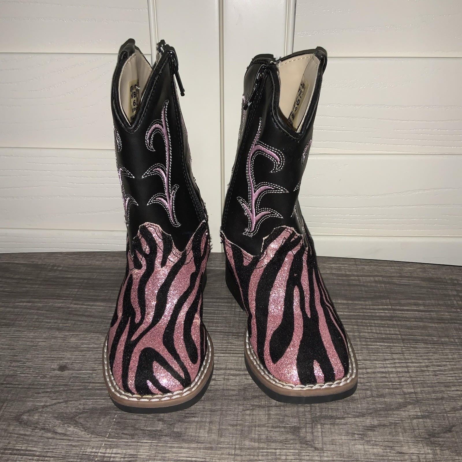 OLD WEST Little Girls Black Pink Sparkle Zebra Square Toe Cowboy Boots Size 6
