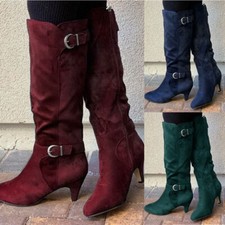 Women Boots Stilettos Knee High Heel Pointed Toe Zip Leather Long Boots Shoes