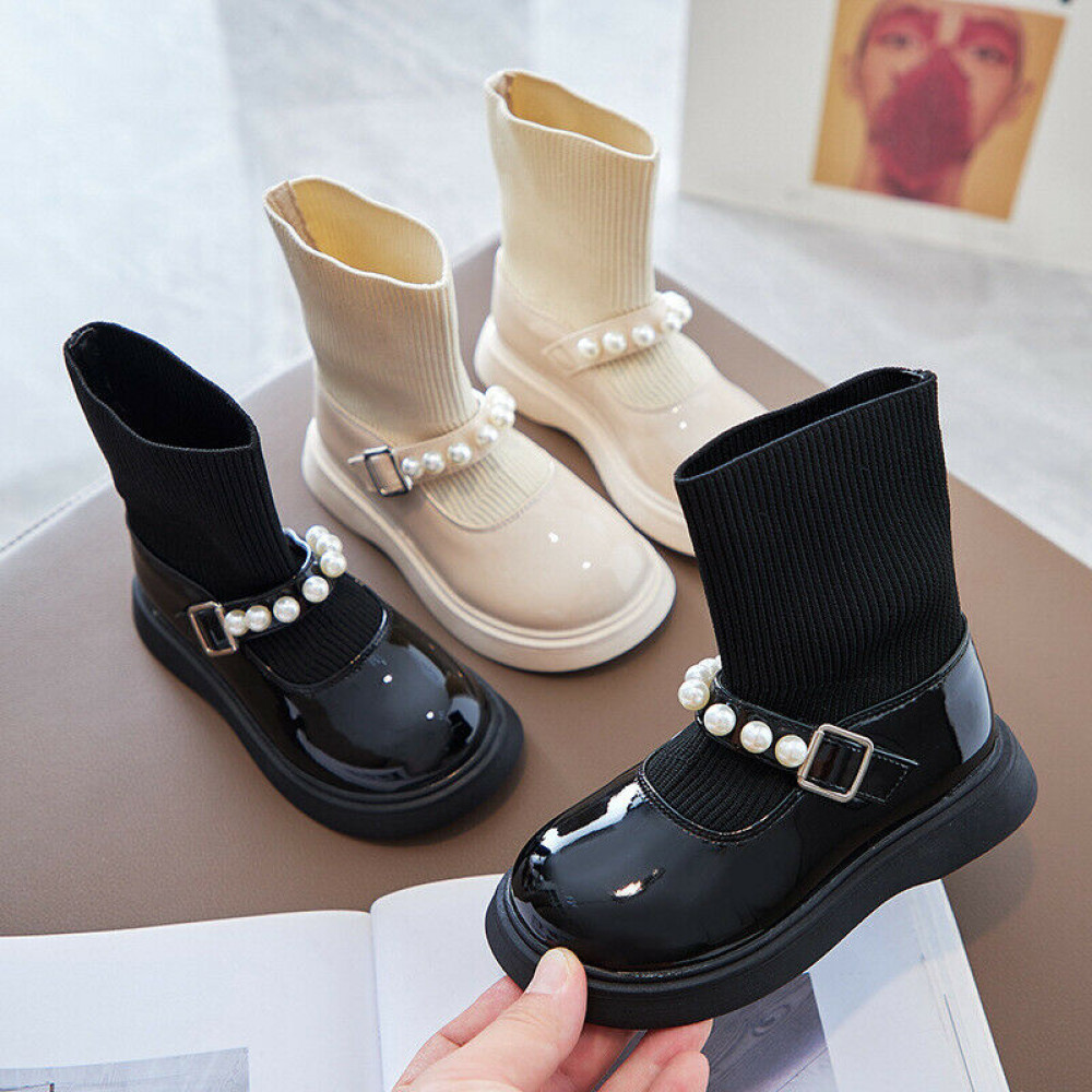 Kids Girls Boots Winter Ankle Low Heel Pearl Chelsea Shoes Toddler Dress Pump