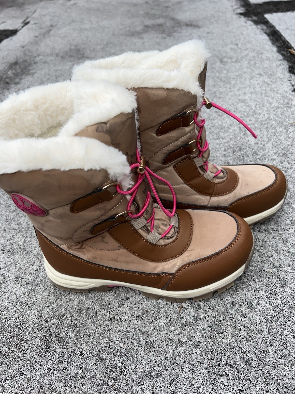 Totes Double Slalom Girls Winter Boots Sz 4 Faux Fur Brown Pink