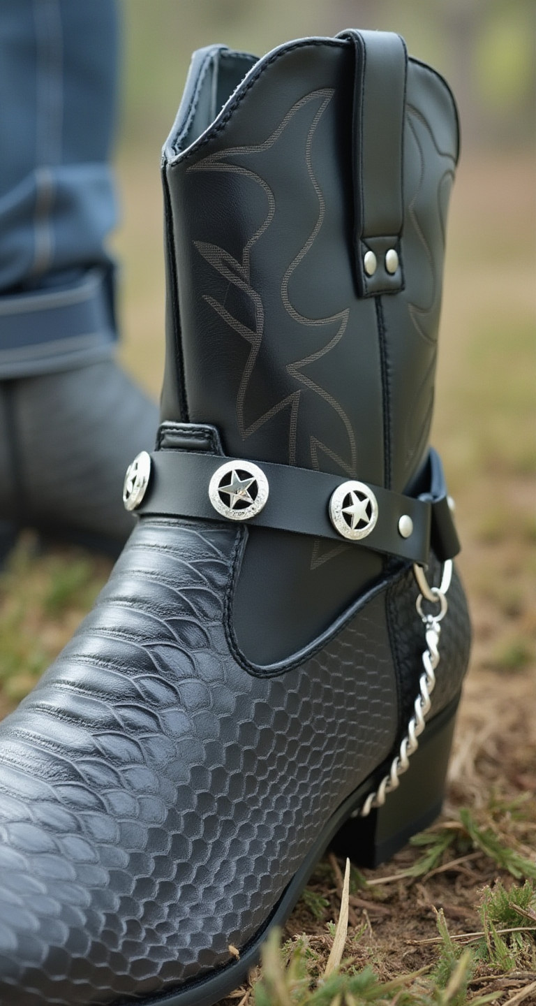 Biker Men Western Women Boots Silver Chain Black Faux Leather Straps Metal Star