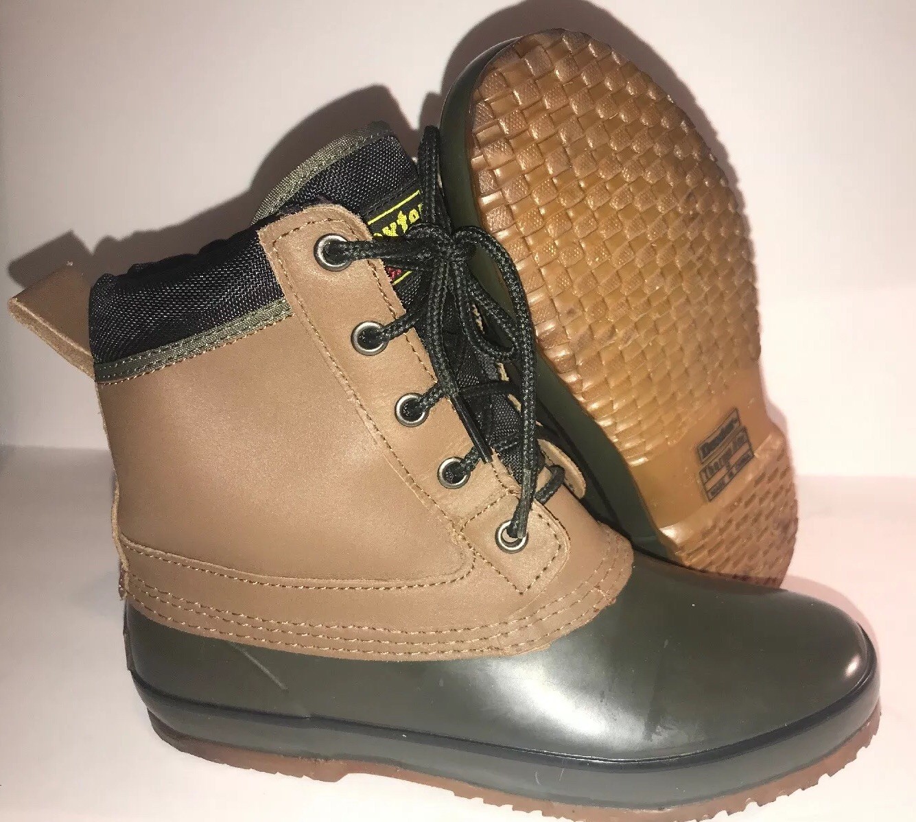 DEXTER SZ 8 BROWN RUBBER / LEATHER LACE UP WOMEN Duck BOOTS CC-6