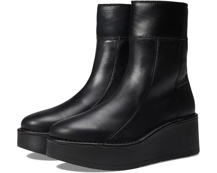 New Fly London HANN248FLY Hanna Black Rug Leather Zip Wedge Women Boots 38 7.5 8
