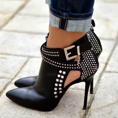 Women Ankle Boots Pointed Toe High Heels Rhinestone Booties Big Size Shoes Woman