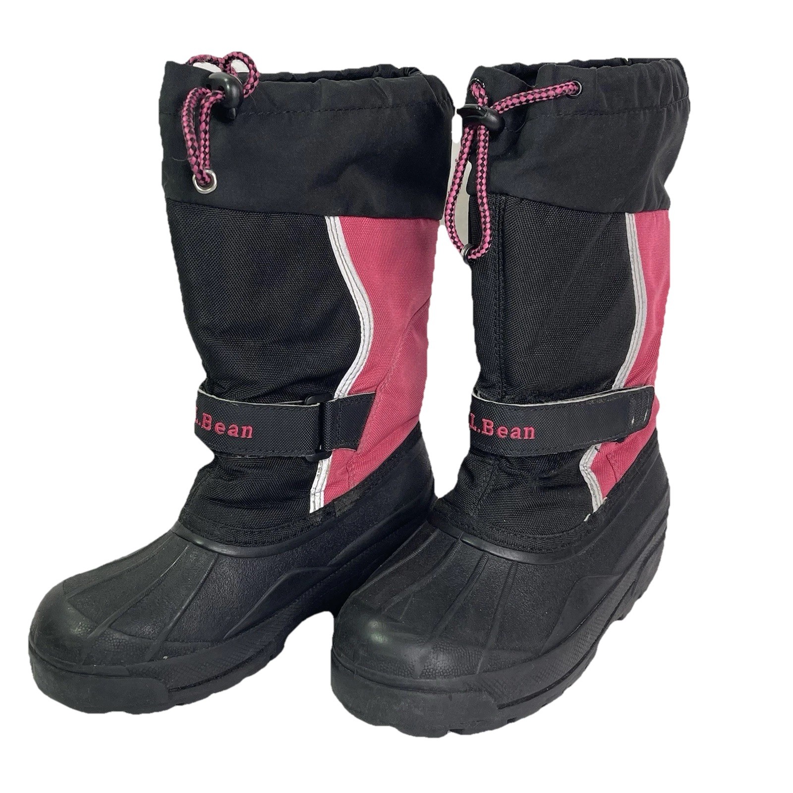 LL Bean Girls Winter Boots Size 1 Black Pink Felt Liners Drawstring Top