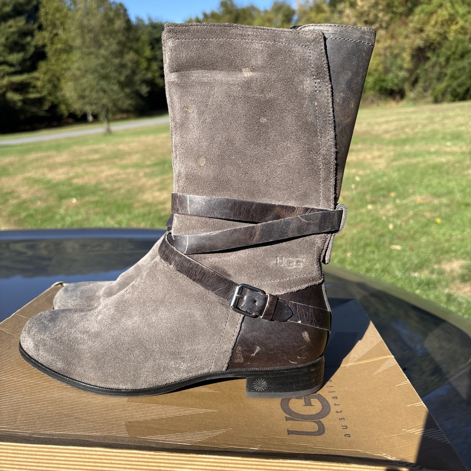 UGG Australia Gray Suede Women Boots Size 6 1/2 With  Buckle Strap & Side Zipper