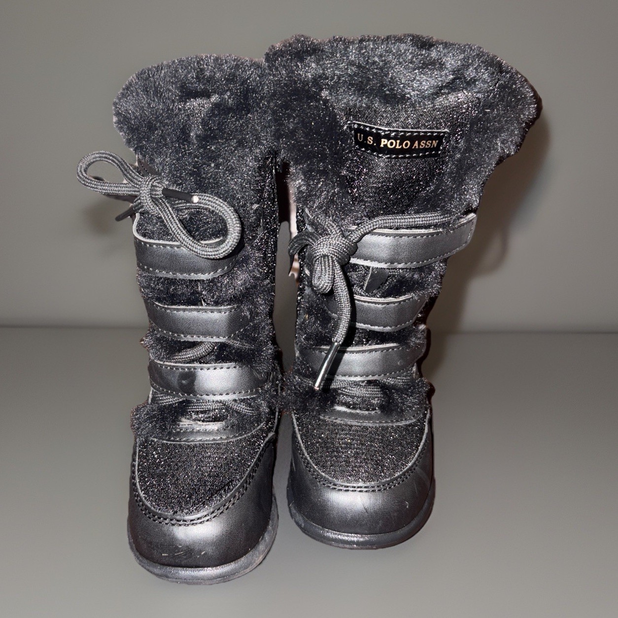 Girls U.S. Polo Assn. Black Faux Fur Winter Boots Size 7C | Quilted Sparkle
