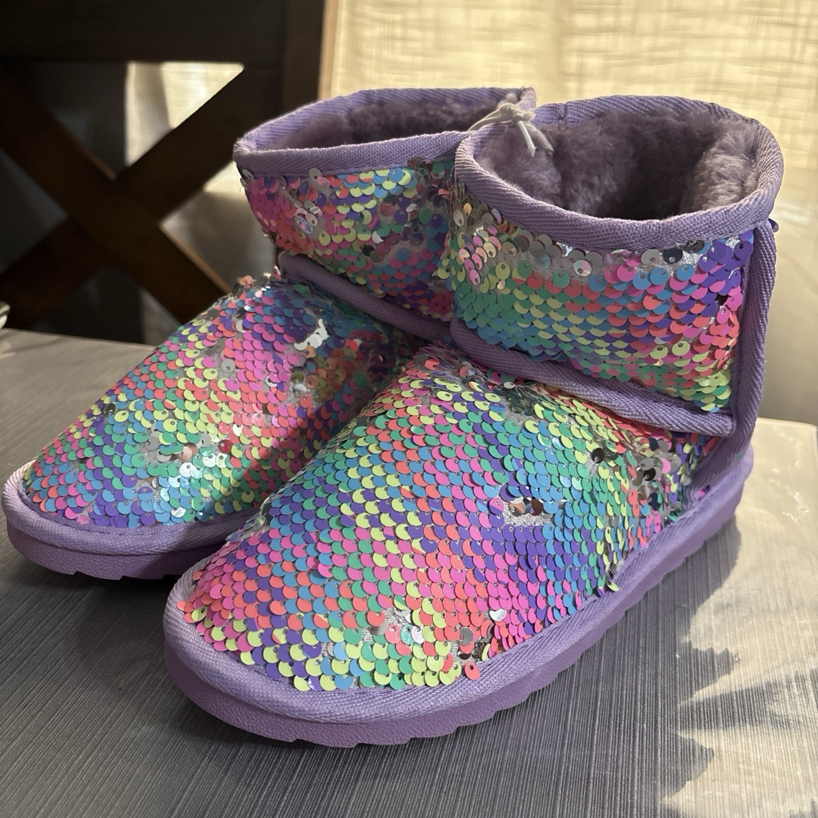 K KomForme Girls Winter Boots Sparkle Sequins Warm Snow Shoes Fur Lined