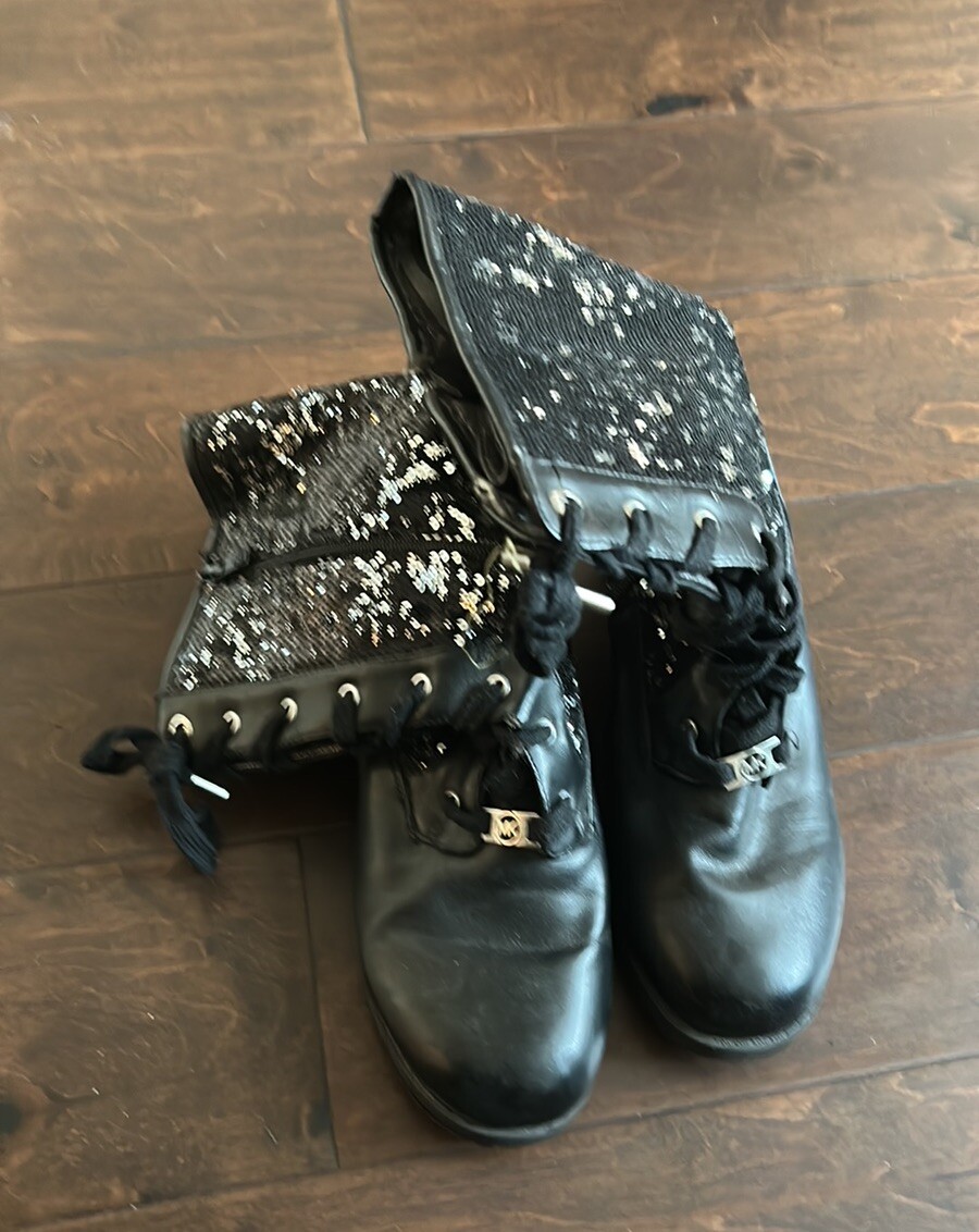 Michael Kors Girls Boots Black Silver Sequins Sz 5