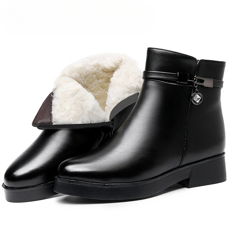 Women Genuine Leather Ankle Shoe Boot Platform Wool Plush Warm Fur Winter Zipper