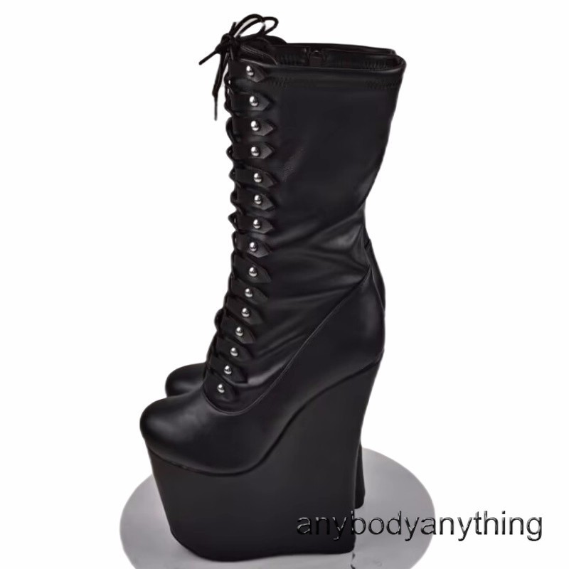 Women Winter Boots Super High Wedges Heels Round Toe Black Party Shoes Ladies US