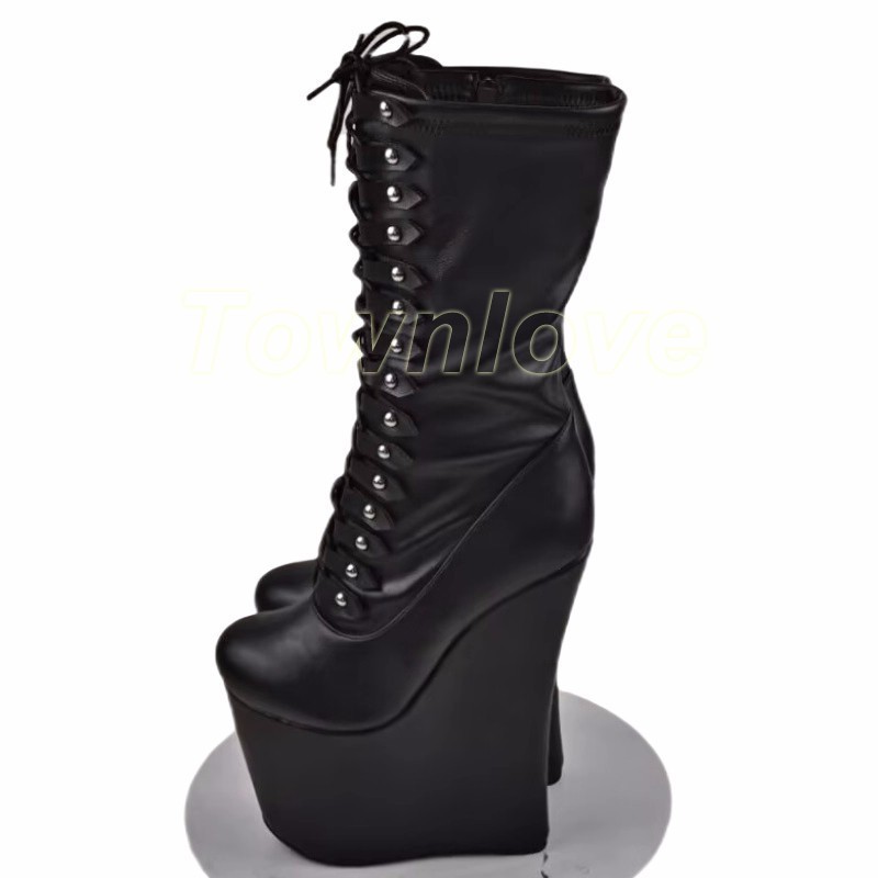 Women Winter Boots Super High Wedges Heels Round Toe Black Party Shoes Ladies US