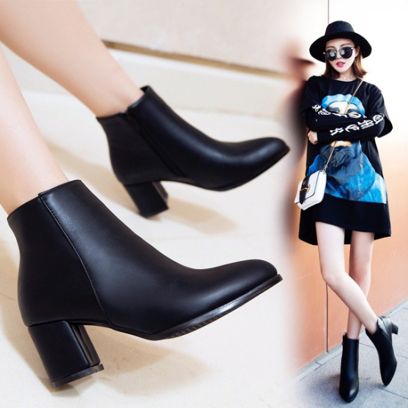 Winter Women Boots, Piled and Thickened, Pointed Thick-heeled Heeled Short Boots